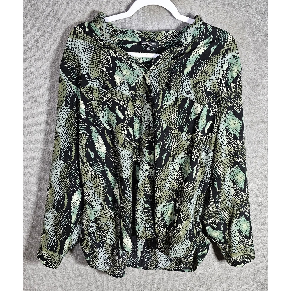 Notations Top Women Size 3X Green Black Animal Print Button Up Roll Tab Sleeves